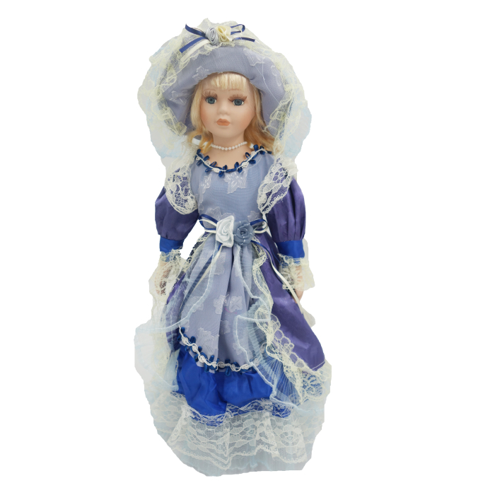 Păpușă de colecție, din porțelan, rochie victoriană, cu suport, albastru, 45 cm [3]