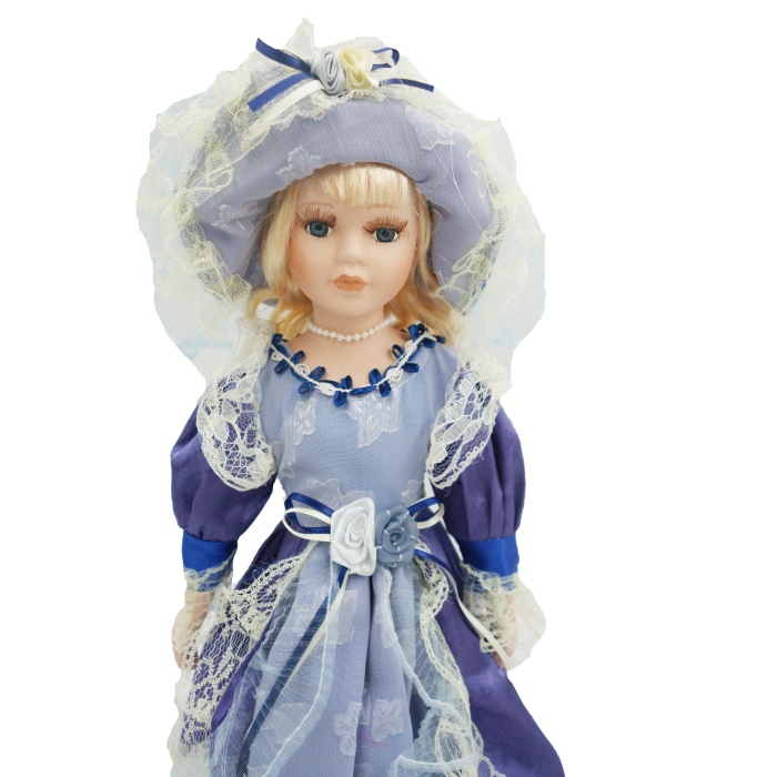 Păpușă de colecție, din porțelan, rochie victoriană, cu suport, albastru, 45 cm [2]