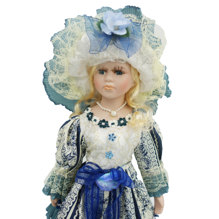 Păpușă de colecție, din porțelan, rochie victoriană, cu suport, alb-albastru, 45 cm [5]