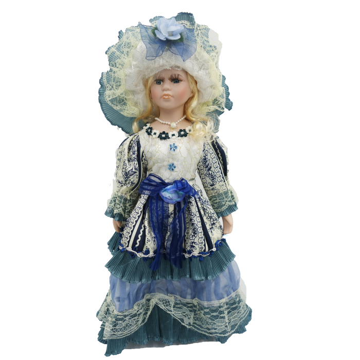 Păpușă de colecție, din porțelan, rochie victoriană, cu suport, alb-albastru, 45 cm [3]