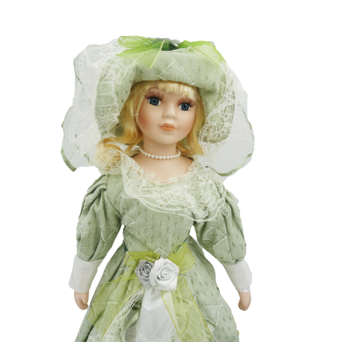 Păpușă de colecție, din porțelan, rochie victoriană, cu suport, verde-deschis, 45 cm [4]