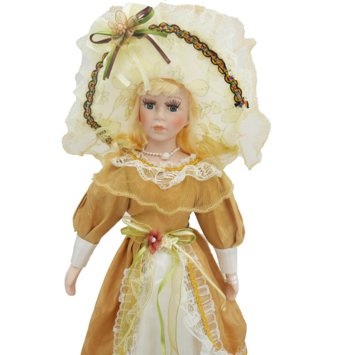 Păpușă de colecție, din porțelan, rochie victoriană, cu suport, mustariu, 45 cm [4]