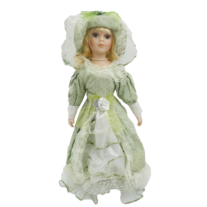 Păpușă de colecție, din porțelan, rochie victoriană, cu suport, verde-deschis, 45 cm [2]