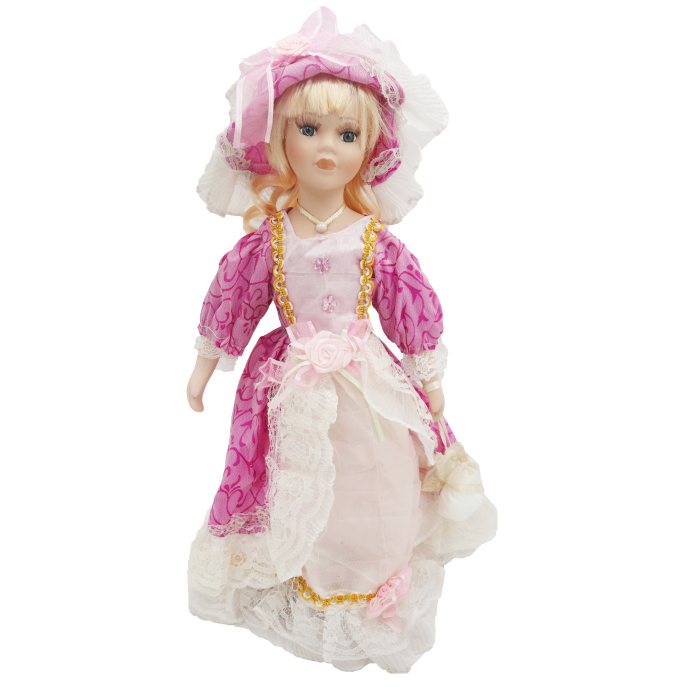 Păpușă de colecție, din porțelan, rochie victoriană, cu suport, alb-roz, 45 cm [3]