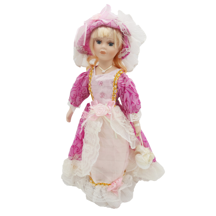 Păpușă de colecție, din porțelan, rochie victoriană, cu suport, alb-roz, 45 cm [2]