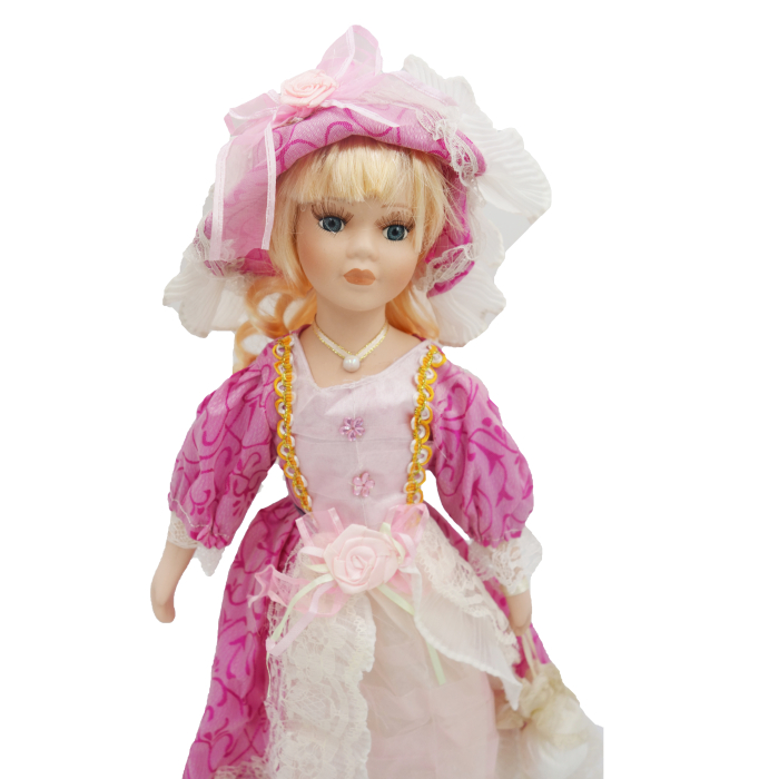 Păpușă de colecție, din porțelan, rochie victoriană, cu suport, alb-roz, 45 cm [4]