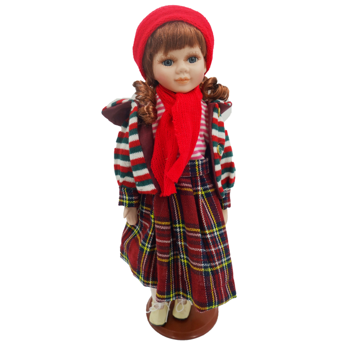 Păpușă de colecție, din porțelan, ținută casual vintage, rosie, cu suport, 45 cm [5]