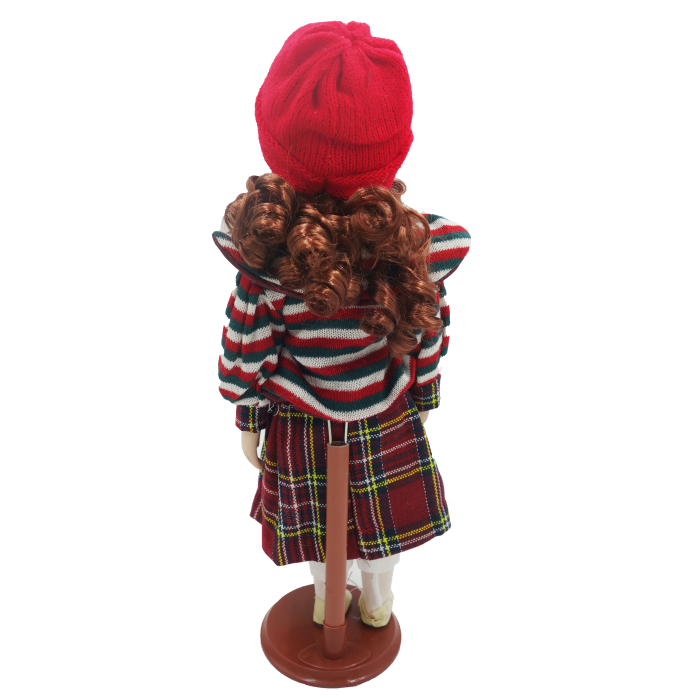 Păpușă de colecție, din porțelan, ținută casual vintage, rosie, cu suport, 45 cm [2]