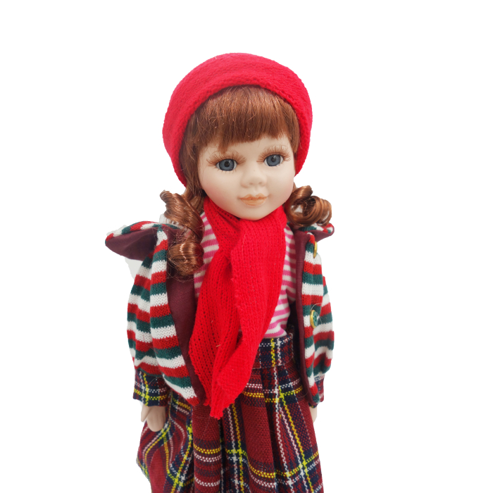Păpușă de colecție, din porțelan, ținută casual vintage, rosie, cu suport, 45 cm [4]