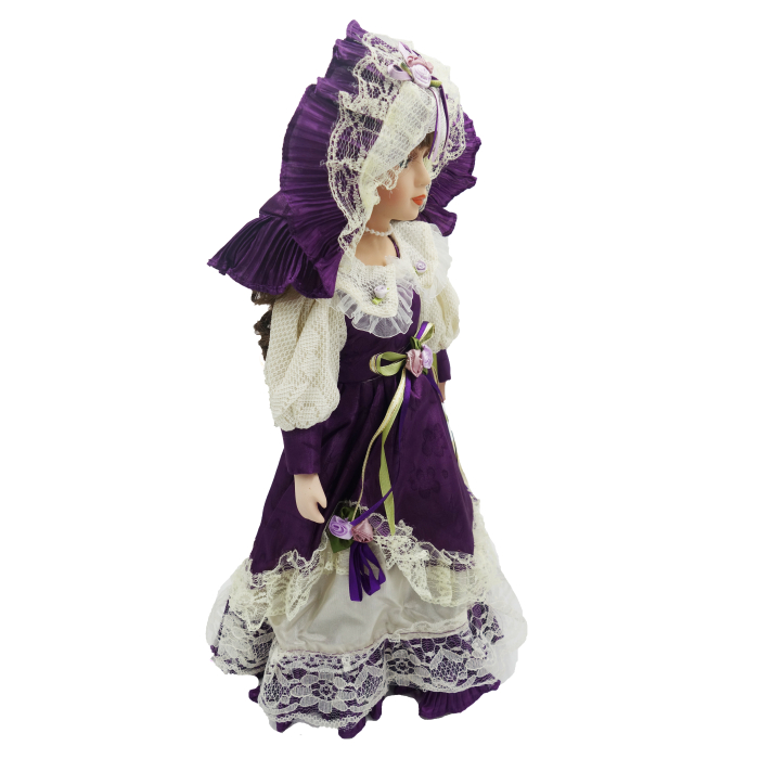 Păpușă de colecție, din porțelan, rochie victoriană, cu suport, mov, 43 cm [5]