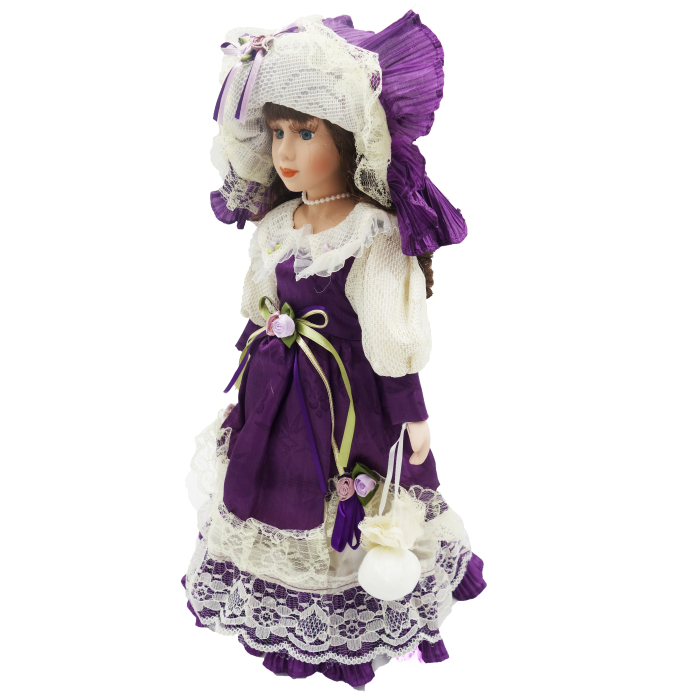 Păpușă de colecție, din porțelan, rochie victoriană, cu suport, mov, 43 cm [3]