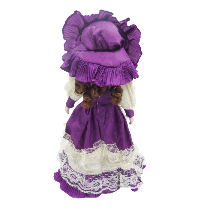 Păpușă de colecție, din porțelan, rochie victoriană, cu suport, mov, 43 cm [2]
