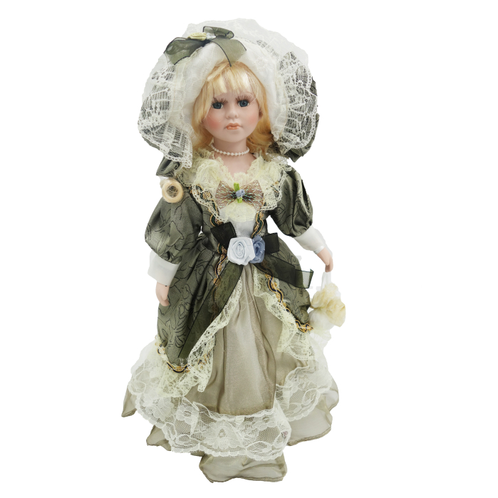 Păpușă de colecție, din porțelan, rochie victoriană, cu suport, verde-inchis, 43 cm [1]