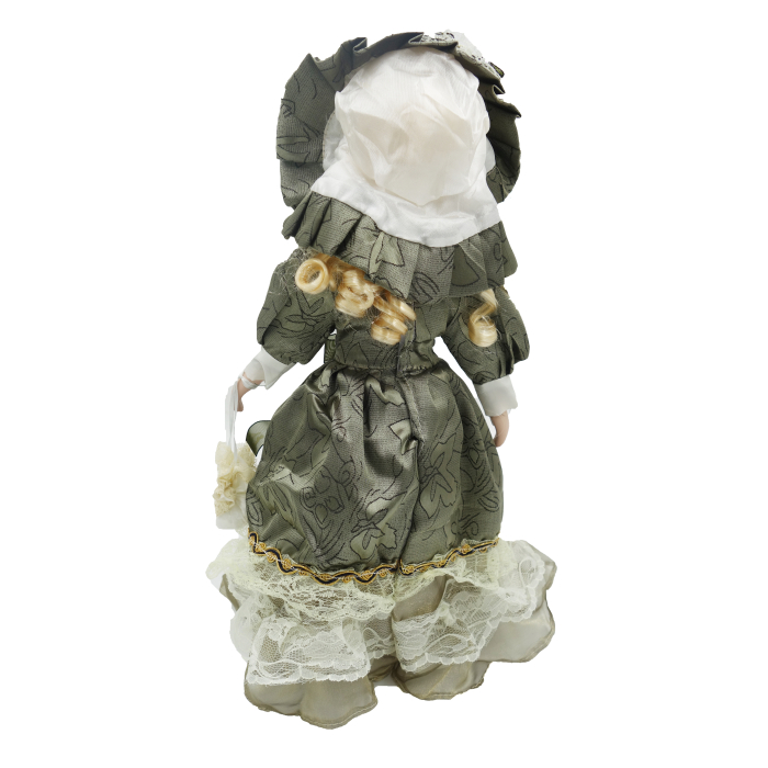 Păpușă de colecție, din porțelan, rochie victoriană, cu suport, verde-inchis, 43 cm [3]