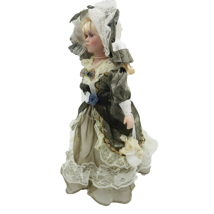 Păpușă de colecție, din porțelan, rochie victoriană, cu suport, verde-inchis, 43 cm [2]