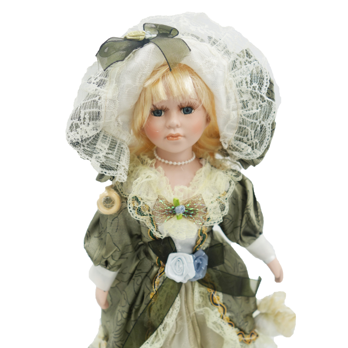 Păpușă de colecție, din porțelan, rochie victoriană, cu suport, verde-inchis, 43 cm [4]