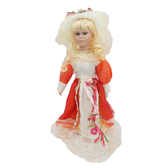 Păpușă de colecție, din porțelan, rochie victoriană, cu suport, alb-corai, 45 cm [1]