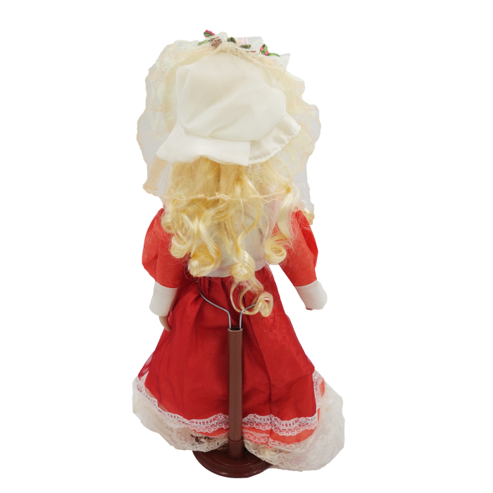 Păpușă de colecție, din porțelan, rochie victoriană, cu suport, alb-corai, 45 cm [3]