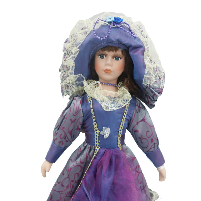 Păpușă de colecție, din porțelan, rochie victoriană, cu suport, mov-lucios, 43 cm [2]
