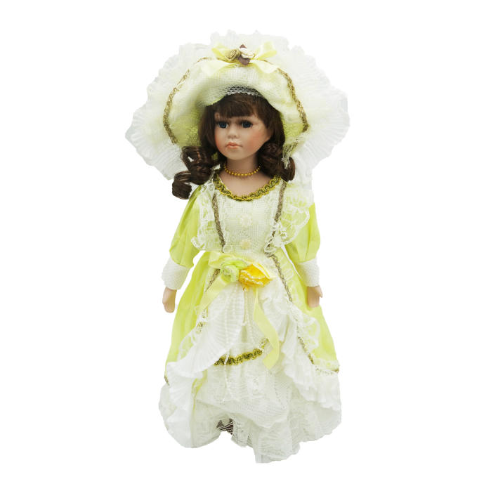 Păpușă de colecție, din porțelan, rochie victoriană, cu suport, galben, 43 cm [1]