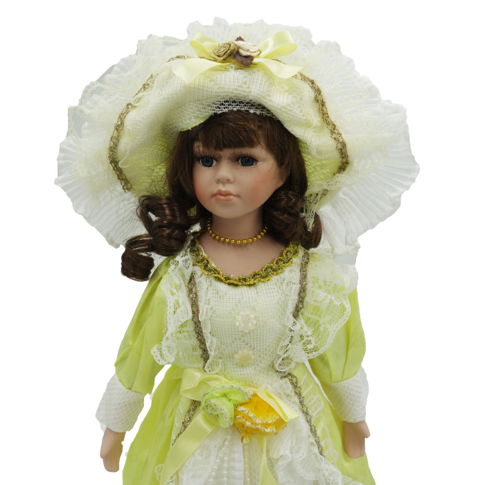 Păpușă de colecție, din porțelan, rochie victoriană, cu suport, galben, 43 cm [4]