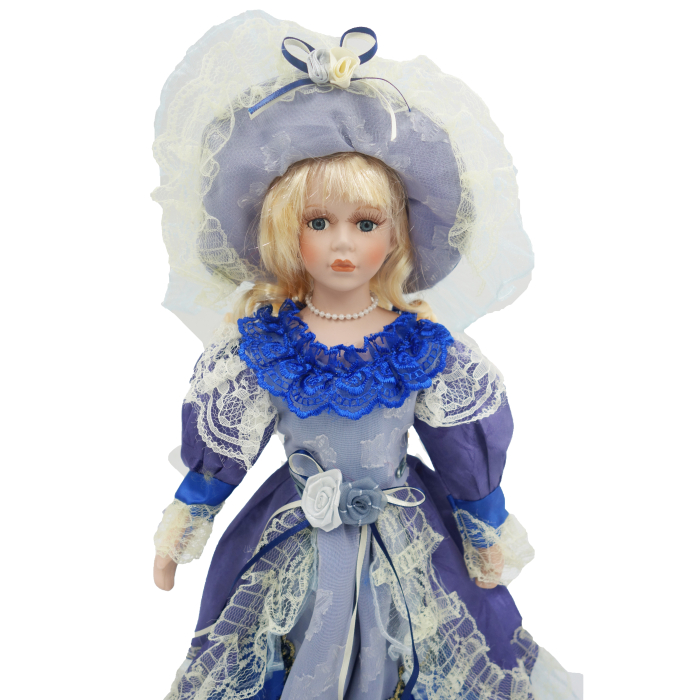 Păpușă de colecție, din porțelan, rochie victoriană, cu suport, albastru-dantela, 45 cm [2]