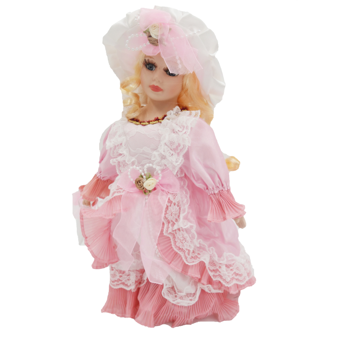 Păpușă de colecție, din porțelan, rochie vintage, 32 cm, roz [3]