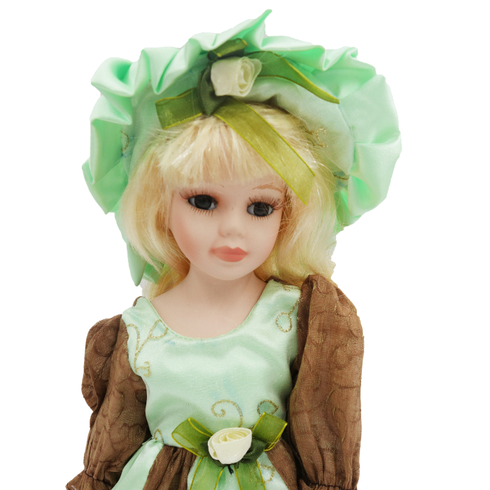 Păpușă de colecție, din porțelan, rochie vintage, 32 cm, verde deschis [4]