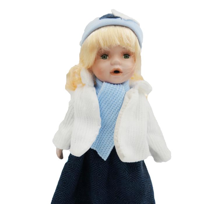 Păpușă de colecție, din porțelan, rochie vintage, 35 cm, alb/albastru [3]