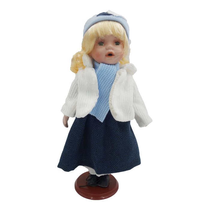 Păpușă de colecție, din porțelan, rochie vintage, 35 cm, alb/albastru [1]