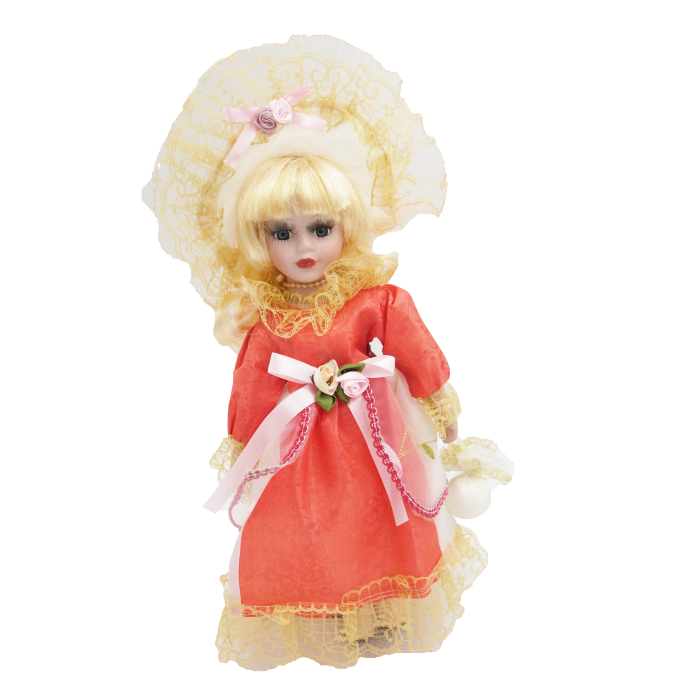 Păpușă de colecție, din porțelan, rochie vintage, 34 cm, portocaliu [1]