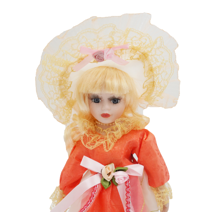Păpușă de colecție, din porțelan, rochie vintage, 34 cm, portocaliu [4]