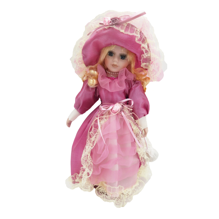 Păpușă de colecție, din porțelan, rochie vintage, 34 cm, roz [1]