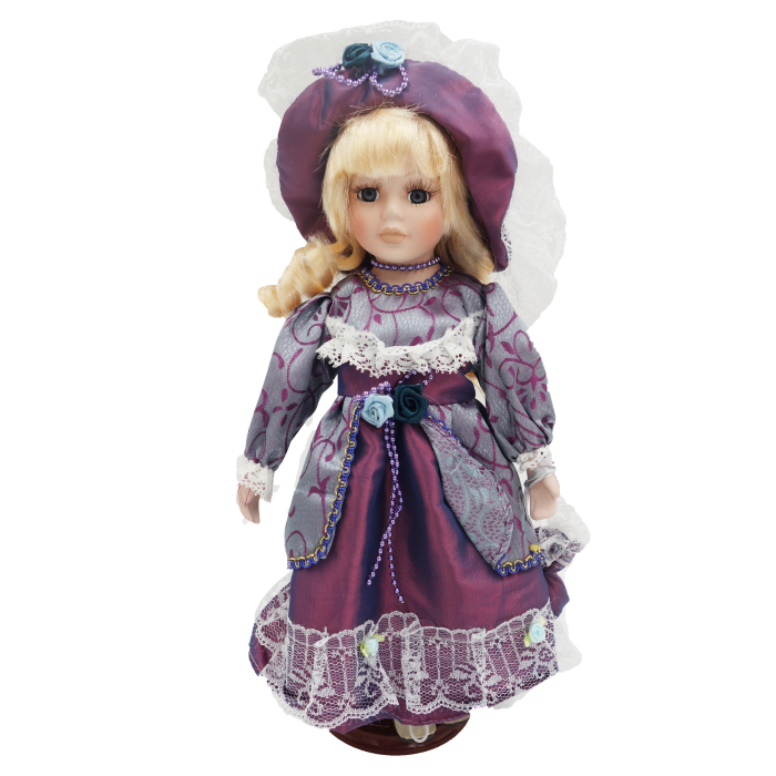 Păpușă de colecție, din porțelan, rochie vintage, 34 cm, argintiu/mov [1]