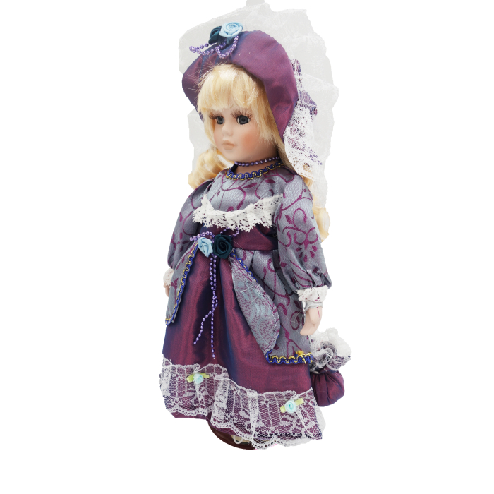 Păpușă de colecție, din porțelan, rochie vintage, 34 cm, argintiu/mov [2]