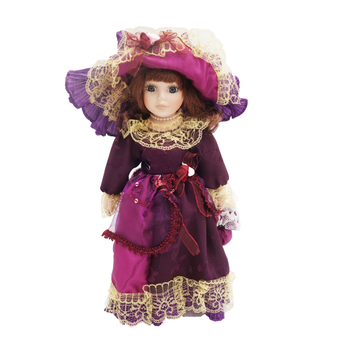 Păpușă de colecție, din porțelan, rochie vintage, 34 cm, violet inchis [1]