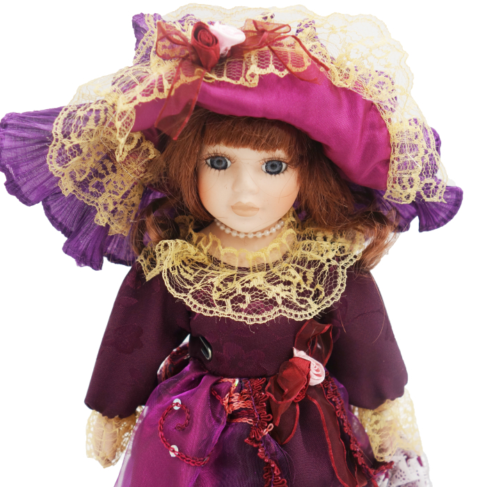 Păpușă de colecție, din porțelan, rochie vintage, 34 cm, violet inchis [4]