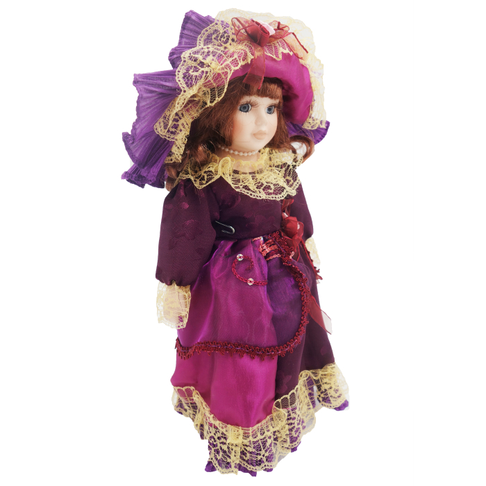 Păpușă de colecție, din porțelan, rochie vintage, 34 cm, violet inchis [3]