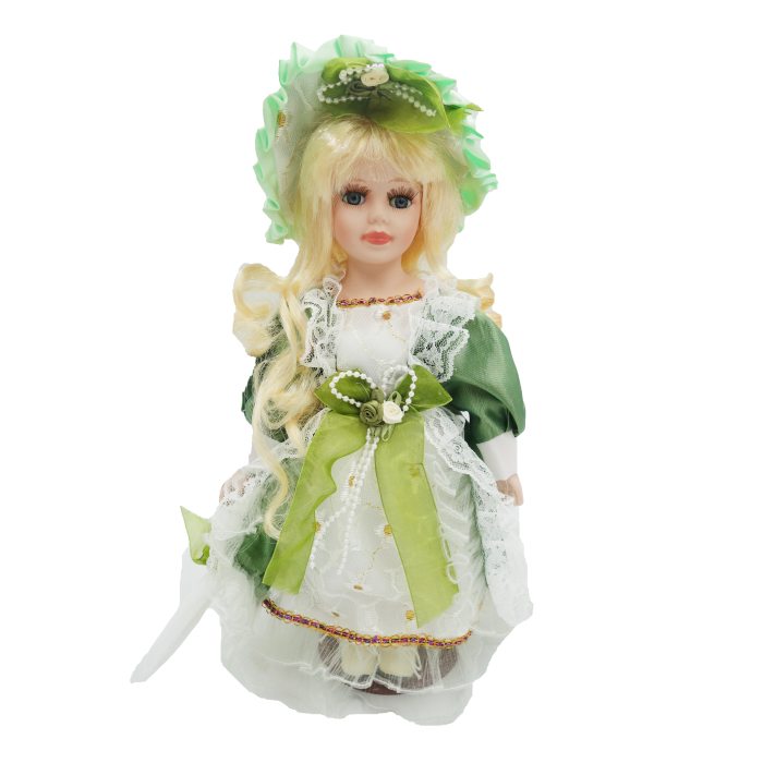 Păpușă de colecție, din porțelan, rochie vintage, 32 cm, verde [1]