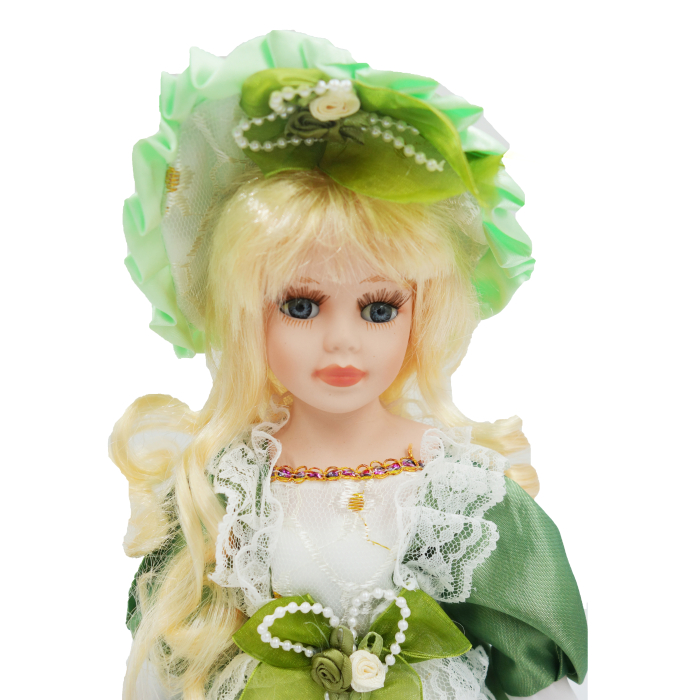 Păpușă de colecție, din porțelan, rochie vintage, 32 cm, verde [4]