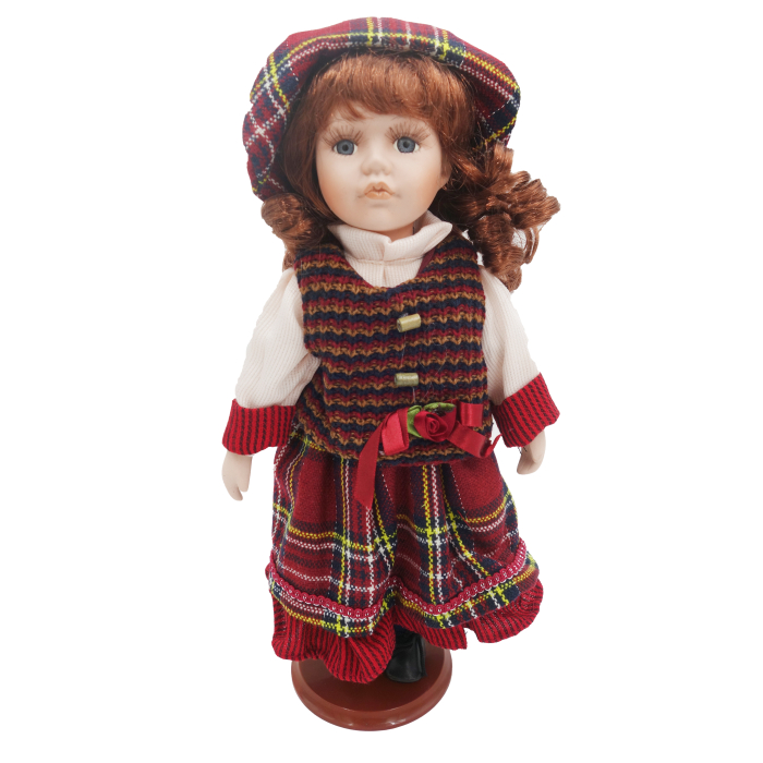 Păpușă de colecție, din porțelan, rochie vintage in carouri, 35 cm, maro [1]