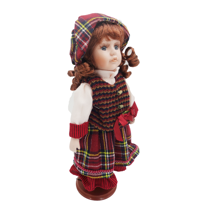 Păpușă de colecție, din porțelan, rochie vintage in carouri, 35 cm, maro [2]