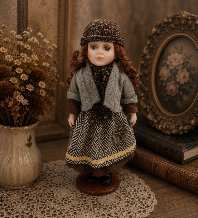 Păpușă de colecție, din porțelan, rochie vintage in carouri, 35 cm, gri [1]