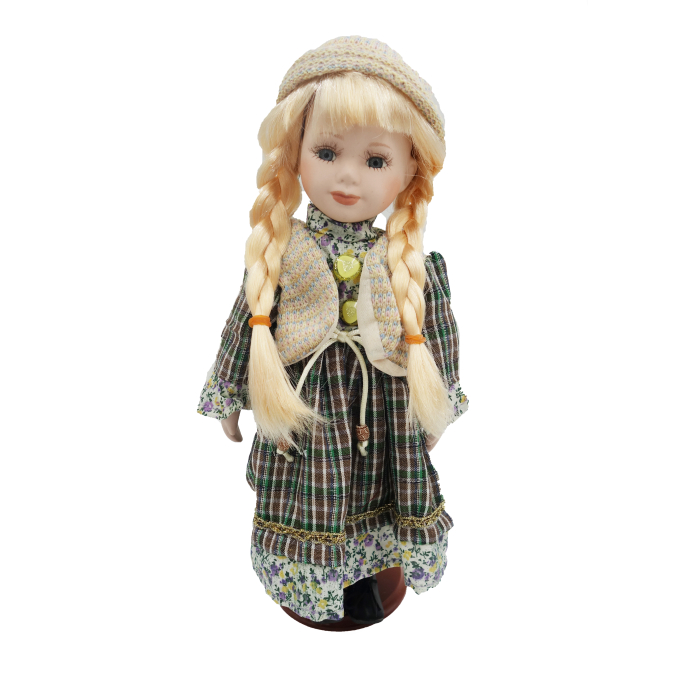 Păpușă de colecție, din porțelan, rochie vintage, 35 cm, verde floral, fata zambitoare [2]