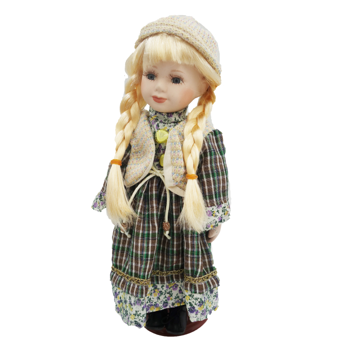 Păpușă de colecție, din porțelan, rochie vintage, 35 cm, verde floral, fata zambitoare [3]