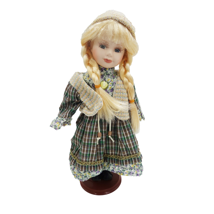 Păpușă de colecție, din porțelan, rochie vintage, 35 cm, verde floral, fata zambitoare [1]