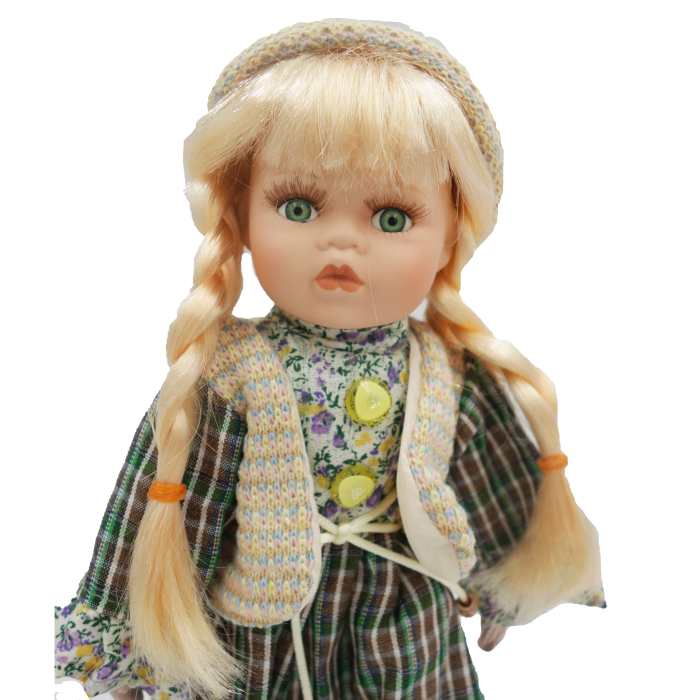 Păpușă de colecție, din porțelan, rochie vintage, 35 cm, verde floral, model pupic [2]