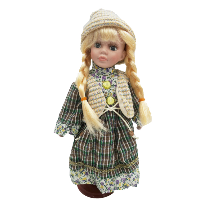 Păpușă de colecție, din porțelan, rochie vintage, 35 cm, verde floral [1]