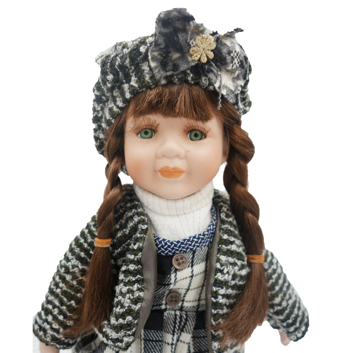 Păpușă de colecție, din portelan, rochie vintage, carouri alb-negru clasic, 34 cm [3]