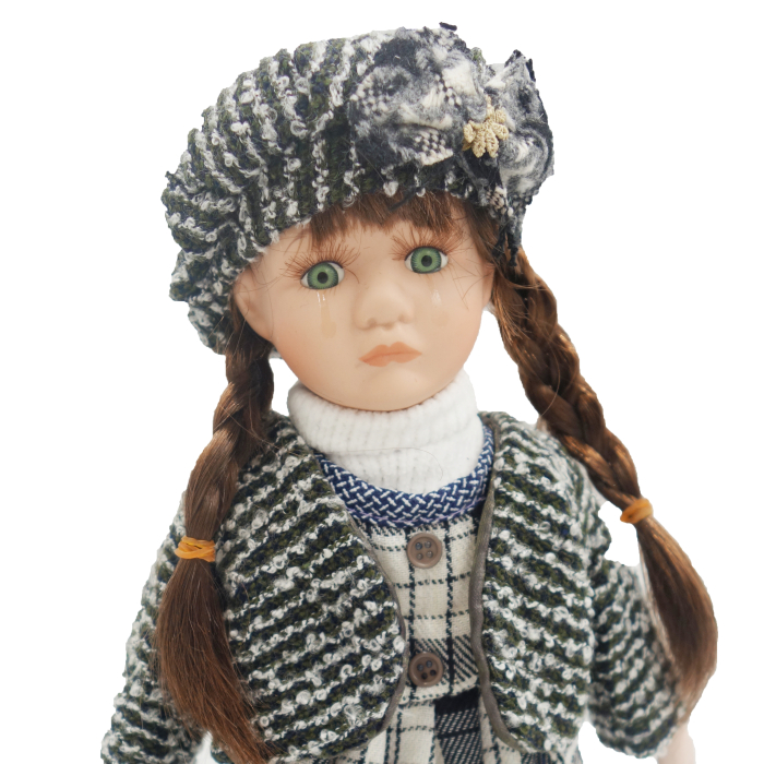 Păpușă de colecție, din portelan, rochie vintage, carouri alb-negru clasic, 34 cm, cu lacrimi [3]